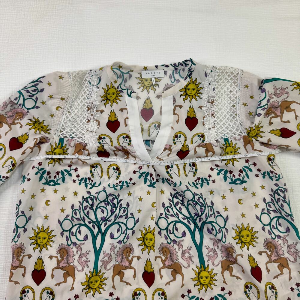 Sandro Paris Azucar Chiffon Blouse Tarot Print Lace Ivory Sz 1 Small Celestial - Picture 8 of 16